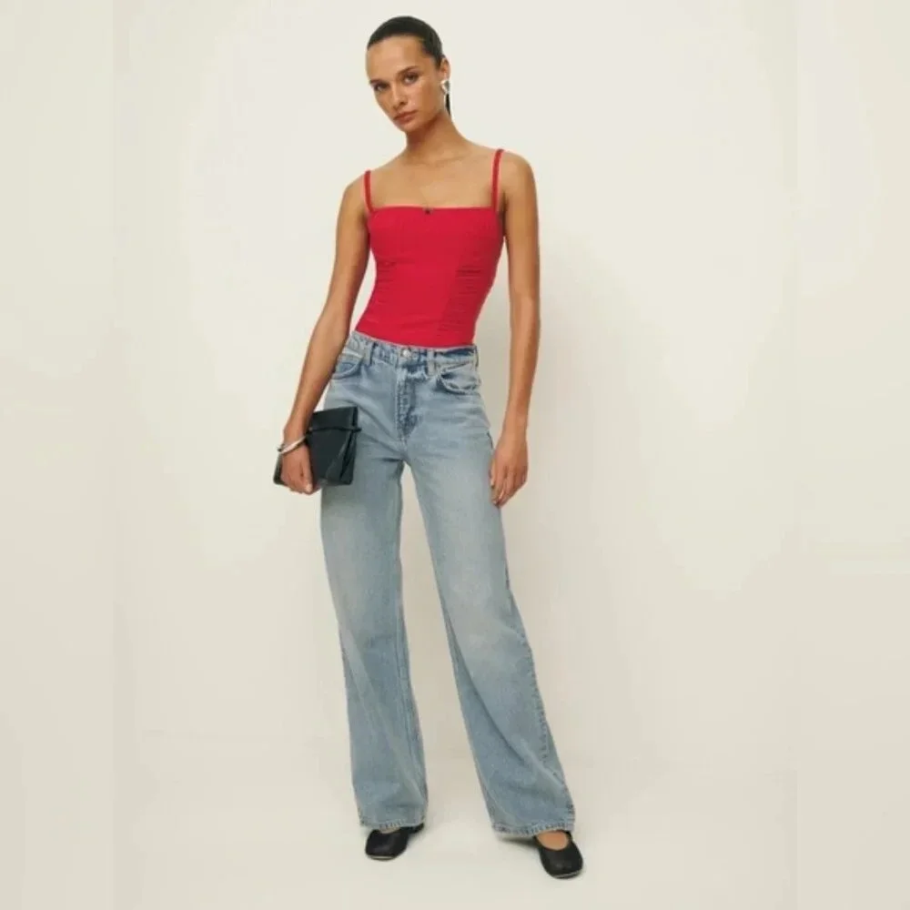 NEW Reformation Emery Linen Top in Lipstick Red Flower Detail | size 0 - Picture 4 of 11